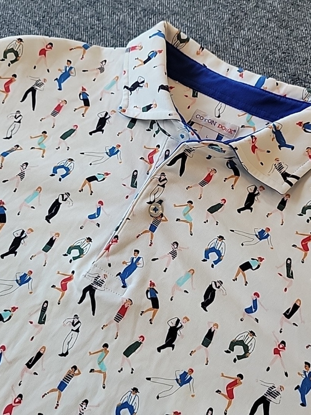 Vintage Coton Doux Polo Shirt Men's Large White All Over Print 100% Cotton